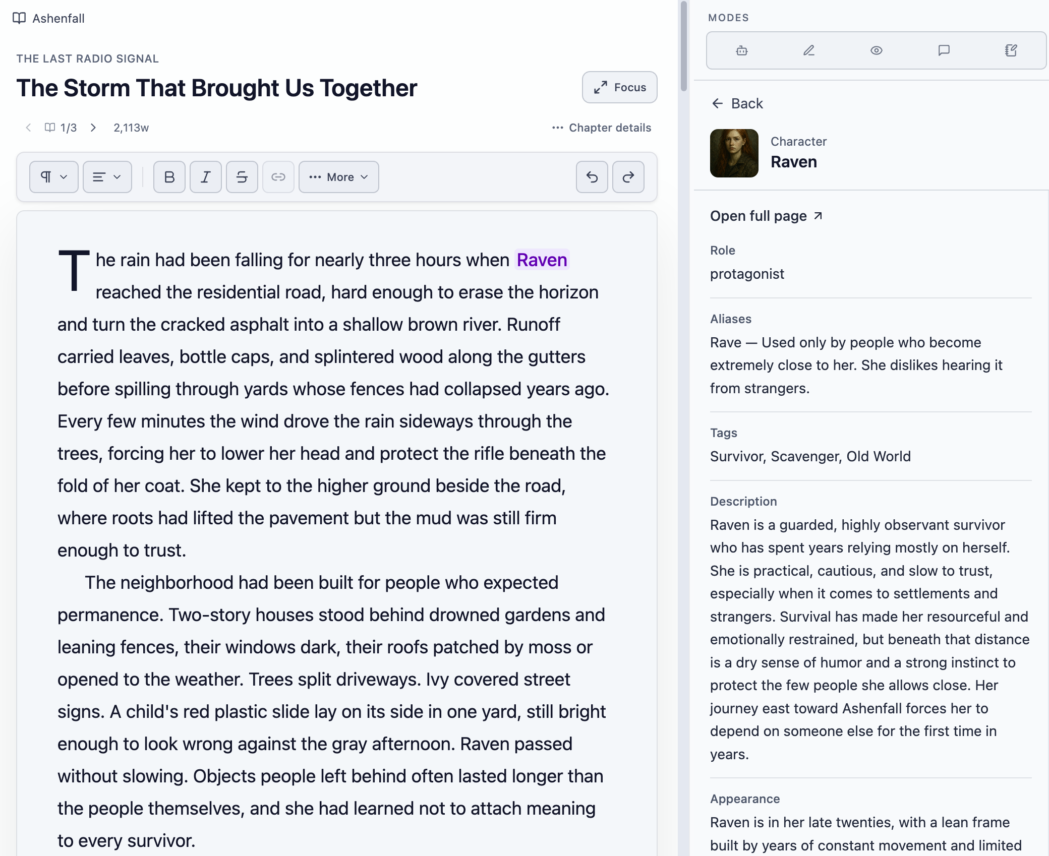 The Novelist - Character Details in the left navigation